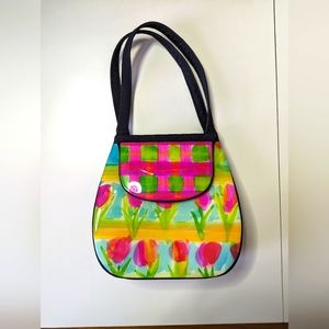 EUC Vintage Angela Frascone Pink Green Blue Black Plaid&Tulip minibag